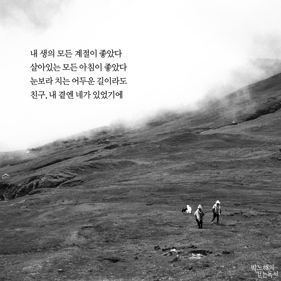 박노해의 걷는 독서 내 생의 모든 계절 | 시 내 생의 모든 계절이 좋았다살아있는 모든 아침이 좋았다눈보라 치는 어두운 길이라도친구, 내 곁엔 네가 있었기에-박노해 '내 생의 모든 계절에'Peru, 2010. 사진 박노해차라리 겨울이 좋았다떨리는 몸 안엔 긴장미가 살아있고가난한 마음엔 간절함이 살아있던그래도 봄이 좋았다대지엔 꽃들이 피어나고가슴엔 연둣빛 꿈이 도는내 생의 모든 계절이 좋았다살아있는 모든 아침이 좋았다눈보라 치는 어두운 길이라도친구, 내 곁엔 네가 있었기에오늘 다시 우리 앞에처음 맞는 바람이 불어오고앞이 안 보이는 더 험한 날일지라도친구, 너와 함께 걷고 있다면우리 함께 지켜야만 할 것이 있고우리 함께 찾아야만 할 길이 있고내 곁에 너의 발자국 소리가 들려온다면우리 걸음마다 이미 꽃은 피어날 테니-박노해 시인의 숨고르기 '내 생의 모든 계절에'http://www.nanum.com/site/824149* 매일 아침 박노해 시인의 사진과 경구를 만날 수 있는 <박노해의 걷는 독서>와 하루의 시작을 함께 하세요 페이스북 바로가기 이 게시물을